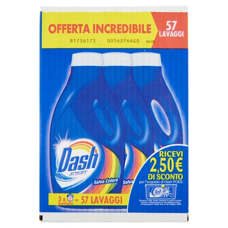 Dash Detersivo Liquido Lavatrice Salva Colore 57 Lavaggi, 3x19 Lavaggi